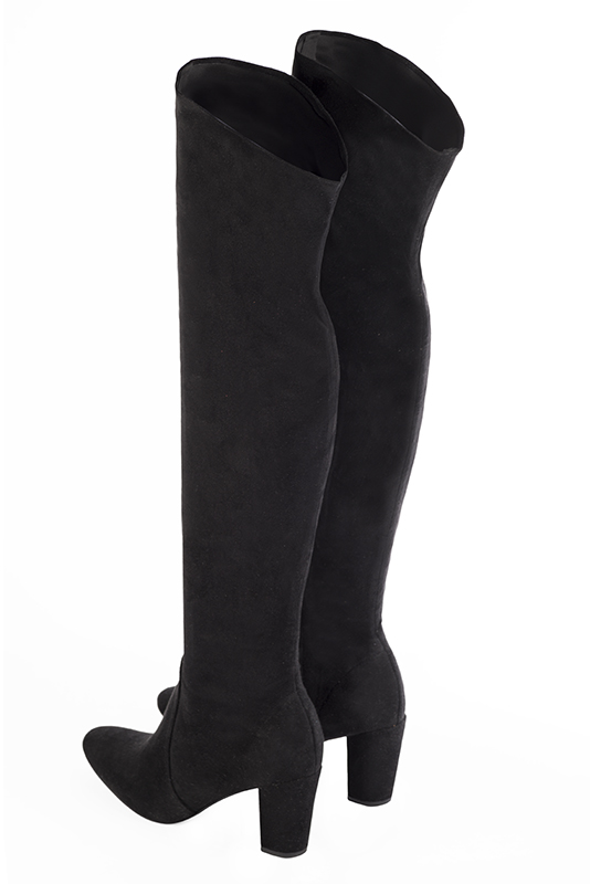 Matt black women's stretch thigh-high boots. Round toe. High block heels. Made to measure. Rear view - Florence KOOIJMAN